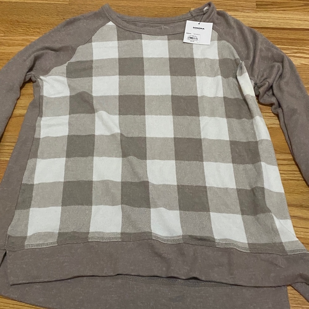 Sonoma Plaid Sweater in Taupe and White